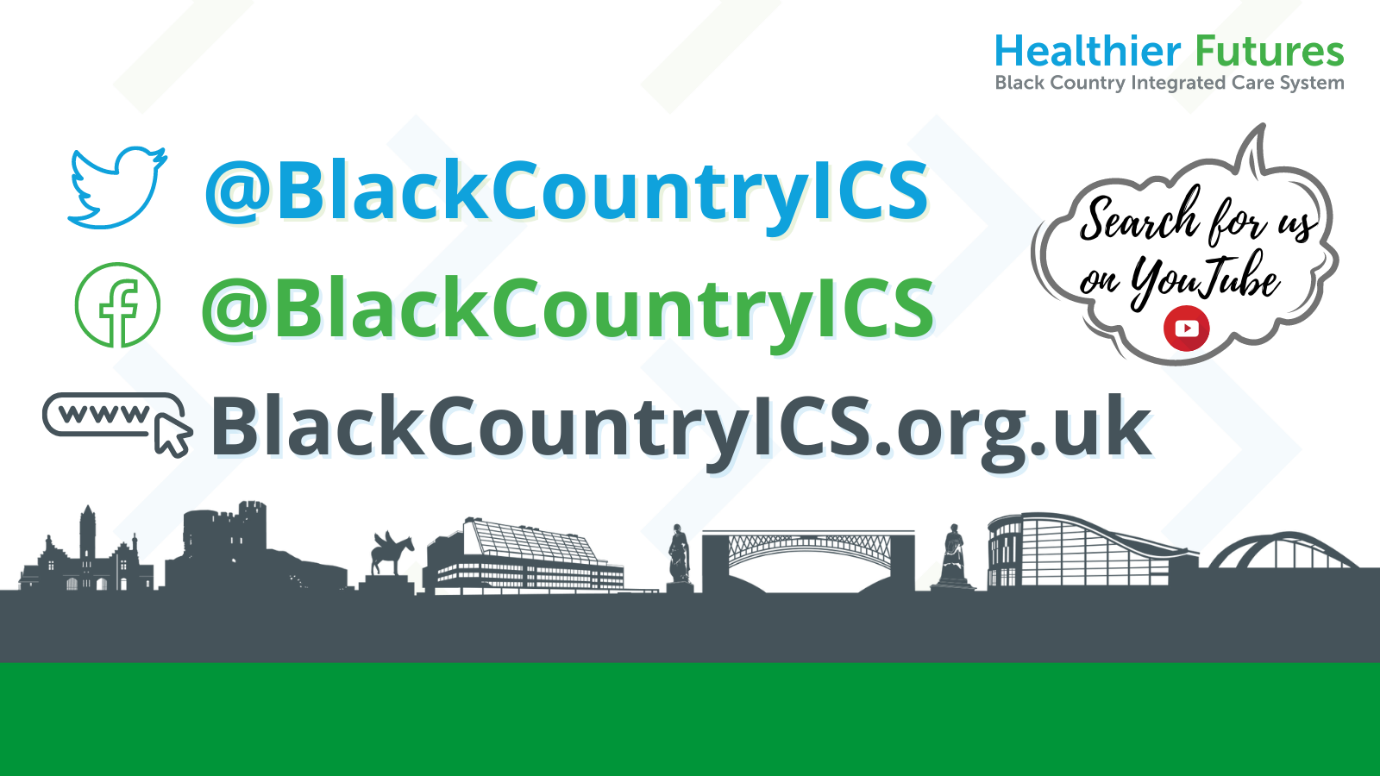 Graphic detailing the social media account handles of Healthier Futures and website: www.blackcountryics.org.uk/